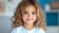Young blonde girl with curly hair smiling at camera in bright classroom setting. Child portrait for education, learning, and childhood concepts.