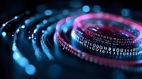 Glowing digital rings with binary code pattern in pink and blue neon colors against dark background, representing data flow and cyber technology concept.