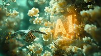 Glowing AI letters among delicate white flowers with a metallic butterfly in a dreamy turquoise garden setting, creating magical atmosphere for technology concept designs.