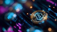 Golden cryptocurrency coin with glowing blue symbol on dark background with bokeh lights and digital market data visualization elements.