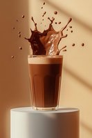 Dynamic chocolate milk splash in tall glass on white pedestal with dramatic shadow. Brown liquid drops and crown-shaped splashes create energetic composition.
