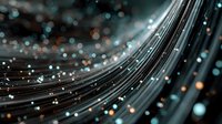 Flowing fiber optic cables with glowing light points creating dynamic curves against dark background for technology and communication concepts.