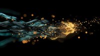 Glowing golden particles flow through dark turquoise waves creating magical light effect with bokeh and sparkles against black background, abstract digital art composition.