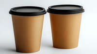 Two brown paper coffee cups with black lids on white background, mockup for cafe and restaurant branding, isolated disposable takeaway containers.
