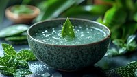 Fresh green smoothie bowl with aloe vera leaf garnish, mint leaves and water drops in stone bowl against dark background, healthy breakfast concept.