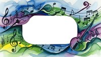 Colorful watercolor music notes and treble clefs flowing in artistic waves around white copy space for text and design projects.