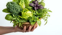 Fresh organic herbs and leafy greens in wicker basket held by hands on white background. Healthy cooking ingredients for culinary recipes.