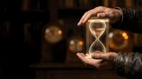 Hands holding illuminated hourglass with glowing sand against dark blurred background, symbolizing time passage, deadline management, and temporal concepts for business and life planning.