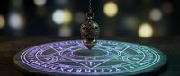 Mystical pendulum swinging over glowing magical circle with ancient symbols and zodiac signs. Esoteric divination tool for spiritual guidance and fortune telling practices.