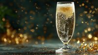 Elegant champagne flute filled with sparkling golden bubbles against festive bokeh lights background for New Year celebration and luxury events.