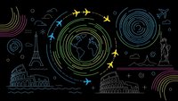 Global travel concept with world map, airplanes, and famous landmarks in colorful line art style on dark background for tourism design.