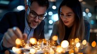 Business colleagues analyzing financial data at night office, illuminated by warm candlelight. Professional meeting with bokeh light effects and modern workspace atmosphere.