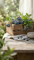 Fresh blueberries in rustic wooden crate on outdoor table with natural lighting for healthy eating and farm-to-table lifestyle concepts.