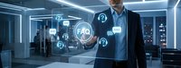 Professional businessman in suit touching holographic FAQ interface with question mark icons in modern office environment for customer service solutions.