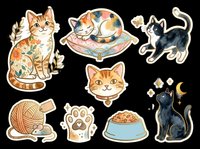 Cute cats collection with sitting tabby, cat in flying saucer, black kitten, cat face, yarn ball, paw print, food bowl and black cat silhouette. Isolated on transparent background, ready for t-shirts, stickers, clipart and print-on-demand designs.