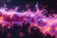 Glowing neon liquid splash with vibrant pink and purple particles flowing dynamically against dark background, suitable for tech and creative design projects.