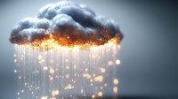 Dramatic storm cloud with glowing rain drops and lightning effect against dark background, creating magical atmospheric phenomenon for weather concepts.