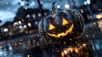 Glowing carved pumpkin with spooky face illuminated at night, surrounded by magical bokeh lights and water drops creating mysterious Halloween atmosphere.