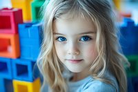 Young caucasian girl with blonde hair and bright blue eyes looking directly at camera with gentle smile, colorful building blocks background creates cheerful childhood scene.
