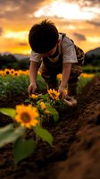 Young Asian boy farmer planting sunflower seeds in fertile soil during golden hour sunset, agricultural education and sustainable farming concept.