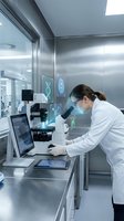Female scientist using microscope in modern laboratory with digital holographic medical icons and DNA visualization technology for research analysis.