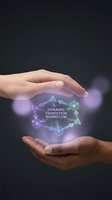 Hands holding glowing holographic workflow diagram with connected nodes and arrows on dark background, representing digital transformation and process management.