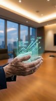 Senior male professional holding holographic business metrics display with customer value, LTV and CAC growth charts in modern office with city skyline view, representing data analytics and financial performance.
