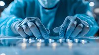 Medical professional in protective equipment and gloves working with samples in laboratory setting. Blue toned clinical environment with selective focus on hands.