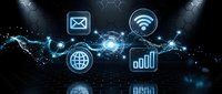 Digital technology network with glowing connectivity icons and data streams on dark futuristic background for business communication concepts.