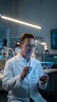 Middle-aged Caucasian male scientist in white lab coat analyzing molecular data on futuristic holographic tablet in modern research laboratory setting.
