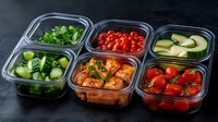Fresh meal prep containers with sliced cucumbers, cherry tomatoes, meatballs in sauce, avocado and vegetables. Healthy portioned food for weekly planning on dark background.