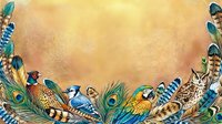 Colorful exotic birds frame with peacock feathers on textured golden background. Decorative border design for invitations, greeting cards, posters.