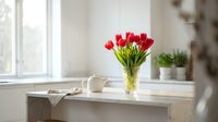 Fresh red tulips in glass vase on wooden table by window creating bright spring home decor atmosphere with natural light and cozy interior design elements.