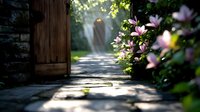 Mystical garden path with sunbeams streaming through trees, pink magnolia flowers along stone walkway creating dreamy morning atmosphere with dramatic lighting.