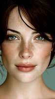 Close-up portrait of young woman with freckles and striking green eyes against soft teal background, showcasing natural beauty and flawless skin.