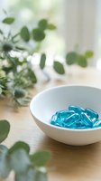 Blue gel capsules in white ceramic bowl on wooden table with eucalyptus leaves creating natural wellness and supplement concept for health marketing.