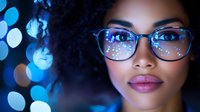 Young African American woman wearing stylish glasses with blue bokeh lights reflection, close up portrait against dark background with dreamy night atmosphere.