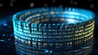 Futuristic circular stadium architecture glowing with blue light against dark background, modern sports arena visualization with illuminated windows and reflections.