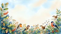 Watercolor illustration of various songbirds perched among wildflowers, berries, and foliage in soft pastel tones, suitable for nature-themed designs and educational materials.