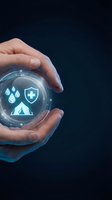 Hands protecting glowing sphere with insurance icons including water drops, medical shield and house symbol representing comprehensive coverage and security.
