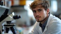 Young male scientist in white lab coat working with microscope in research laboratory, focused on scientific investigation.