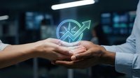 Two pairs of hands holding a glowing holographic growth arrow and star symbol, representing business success, innovation, and financial progress.
