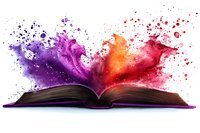 Open book with vibrant purple, orange and red powder explosion rising from pages against white background, creating magical reading atmosphere.