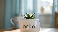 Small succulent plant in a white ceramic pot with hello lettering on a wooden table with soft blue curtains in the background.