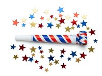 Patriotic party blower with red, white, and blue stripes surrounded by scattered stars in multiple colors on white background, isolated for celebration designs.