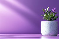 Small artificial plant with purple flowers in modern speckled white ceramic pot against vibrant purple wall background with diagonal light beam.