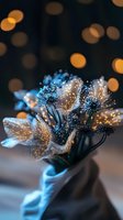 Magical glowing flowers with sparkles and bokeh lights in blue and gold tones, wrapped in silk ribbon. Dreamy macro photography with soft focus effect.