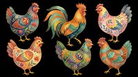 Six colorful folk art chickens and rooster with ornate floral patterns, isolated on transparent background, ready for stickers, t-shirt design, and print on demand.