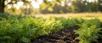 Fresh green parsley plants growing in organic garden rows with warm sunlight and bokeh background for healthy cooking and farming concepts.