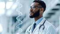 African American male medical professional in white coat and stethoscope looking up thoughtfully with DNA helix hologram, modern healthcare environment.